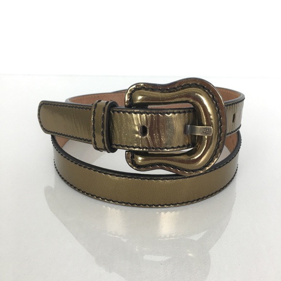 Fendi Belt Bronze Metallic Italian Patent Leather Designer Smooth Shiny - Picture 1 of 14